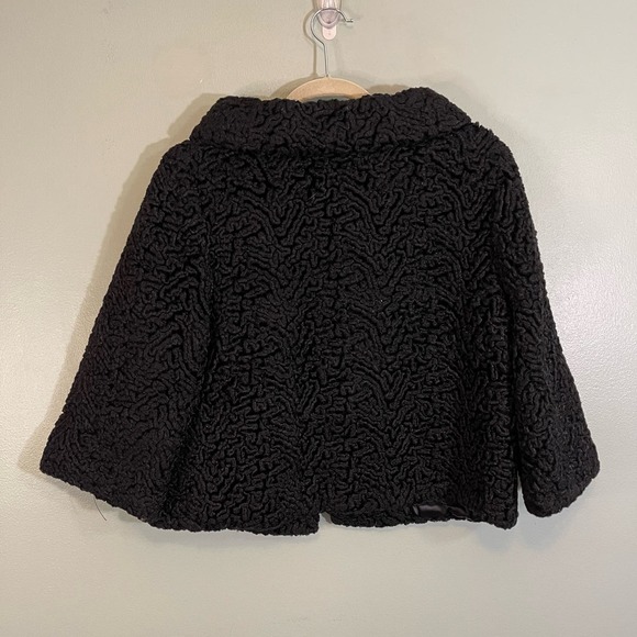 Women's Black Curly Lamb Wool Snap Button Winter Long Sleeve Lined Warm Coat M/L - Picture 2 of 9